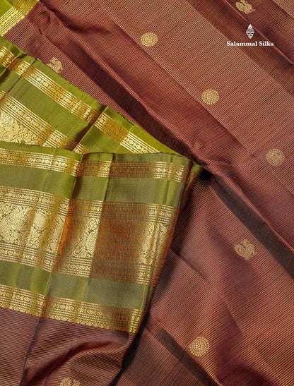Pure Kanjivaram Silk Saree - Dark Brown Colour Body Vaira Oosi Lines With Butts Contrast Olive Green Border