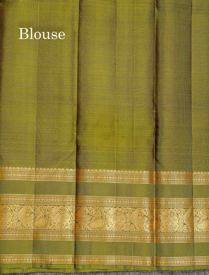 Pure Kanjivaram Silk Saree - Dark Brown Colour Body Vaira Oosi Lines With Butts Contrast Olive Green Border