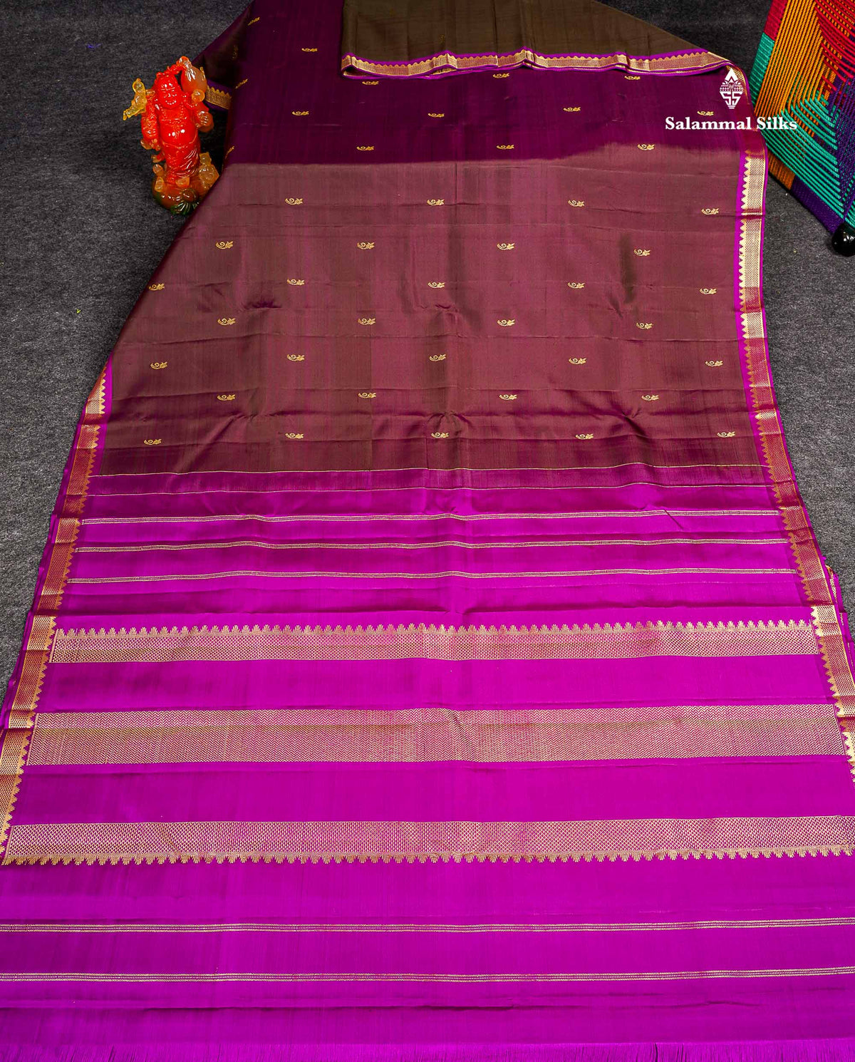 Pure Kanjivaram Silk Saree - Magenta Colour Body Small Butta With Contrast Purple Small Border