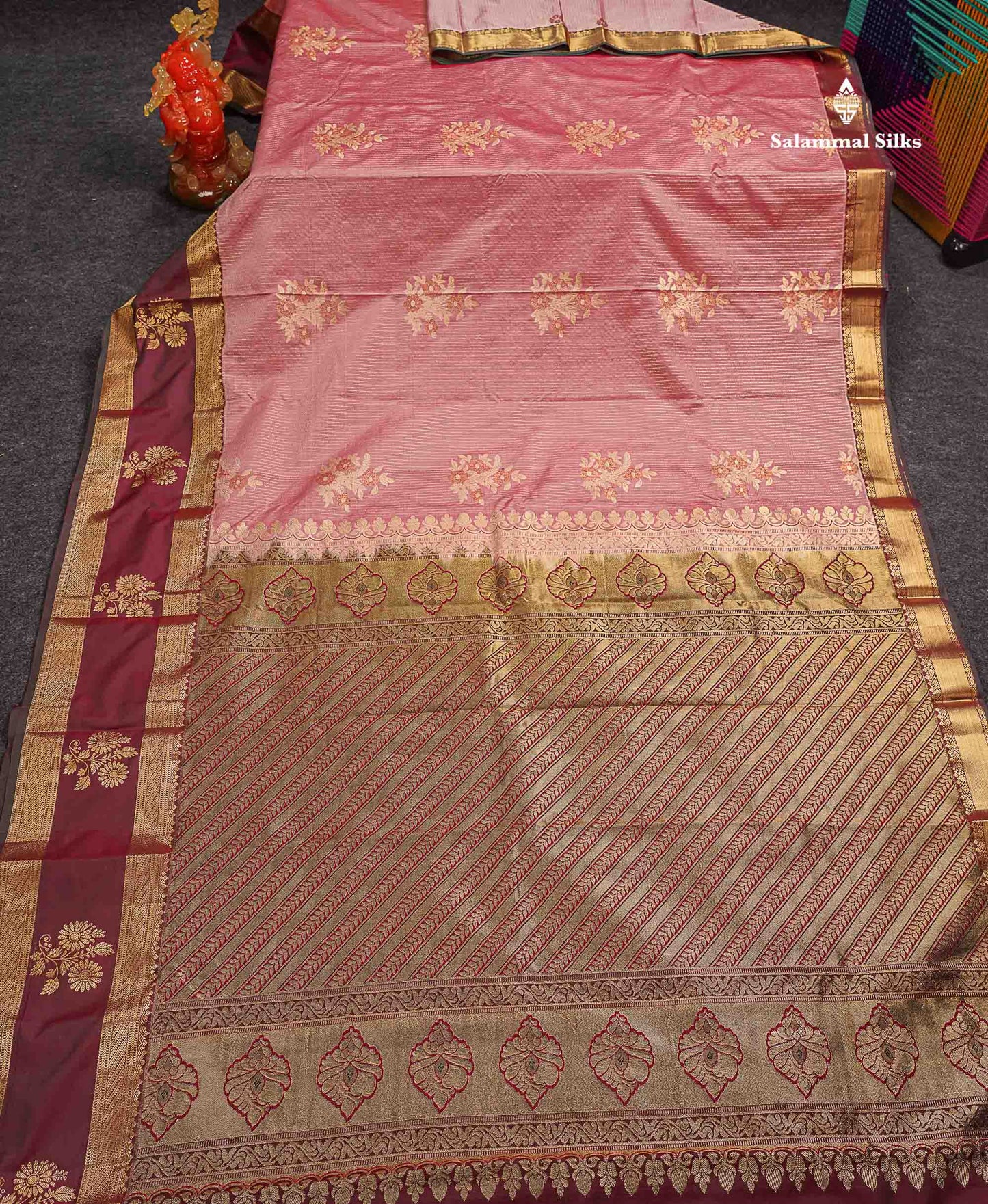 Beautiful Dark Peach Zari Line With Butta Semi Silk Saree With Contrast Dual Tone Maroon Traditional Evening Morning Gap Border