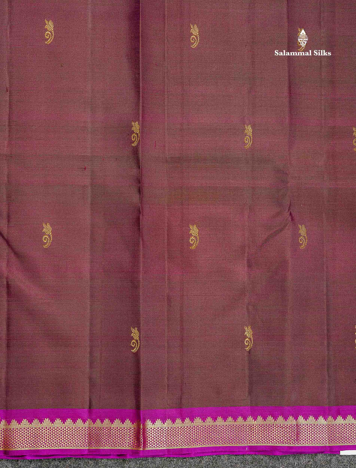 Pure Kanjivaram Silk Saree - Rust Brown Colour Body Small Butta With Contrast Wine Purple Small Border