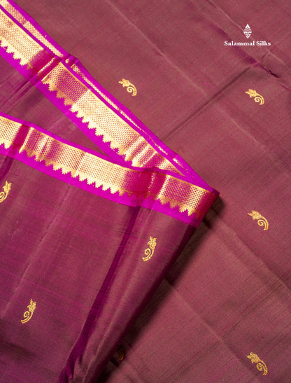 Pure Kanjivaram Silk Saree - Rust Brown Colour Body Small Butta With Contrast Wine Purple Small Border