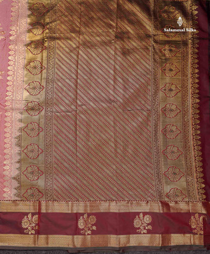 Beautiful Dark Peach Zari Line With Butta Semi Silk Saree With Contrast Dual Tone Maroon Traditional Evening Morning Gap Border