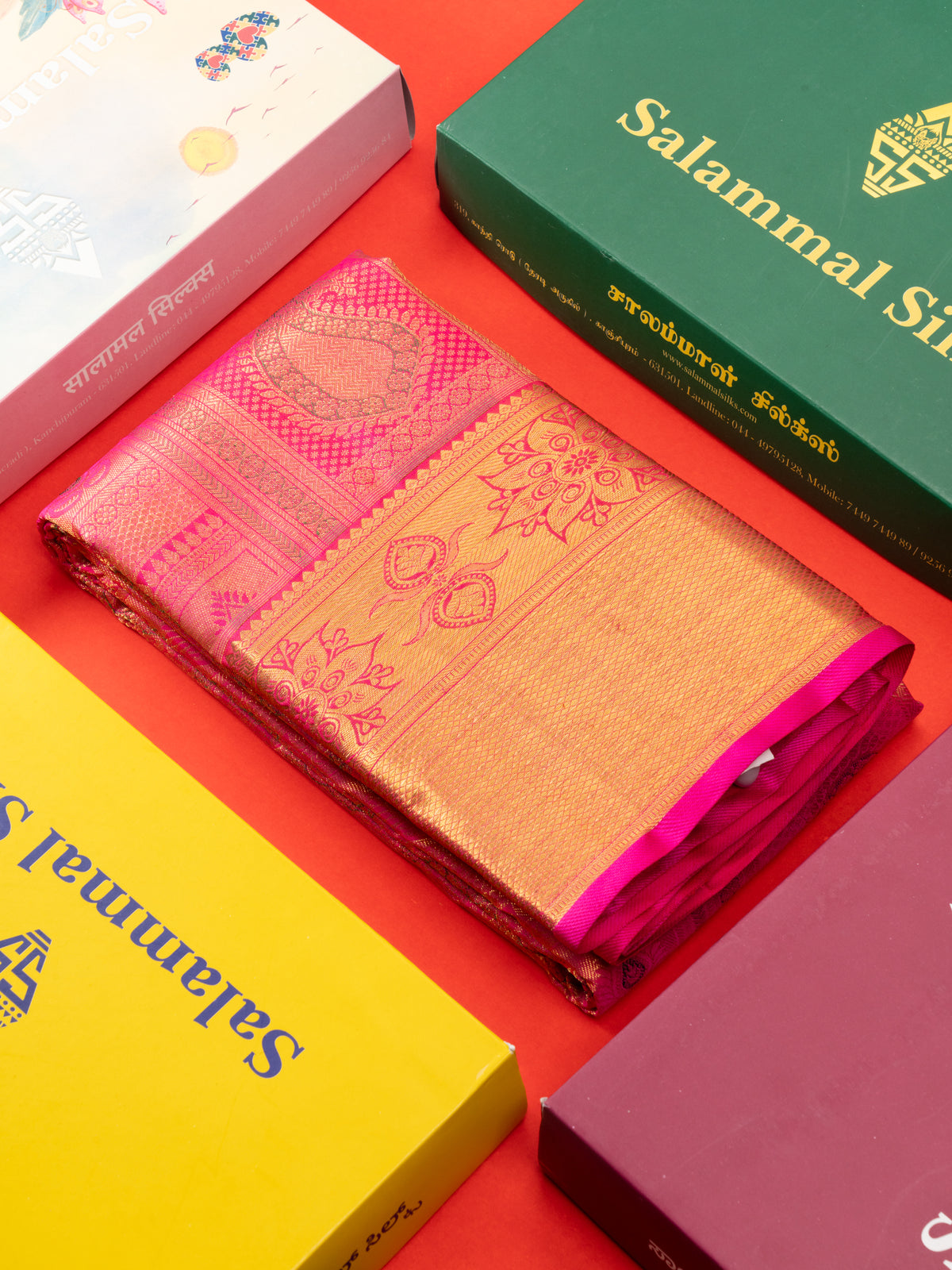 Meenakari work Pink Pure Kanjivaram Silk Saree (2G) Zari With Gold Zari Border