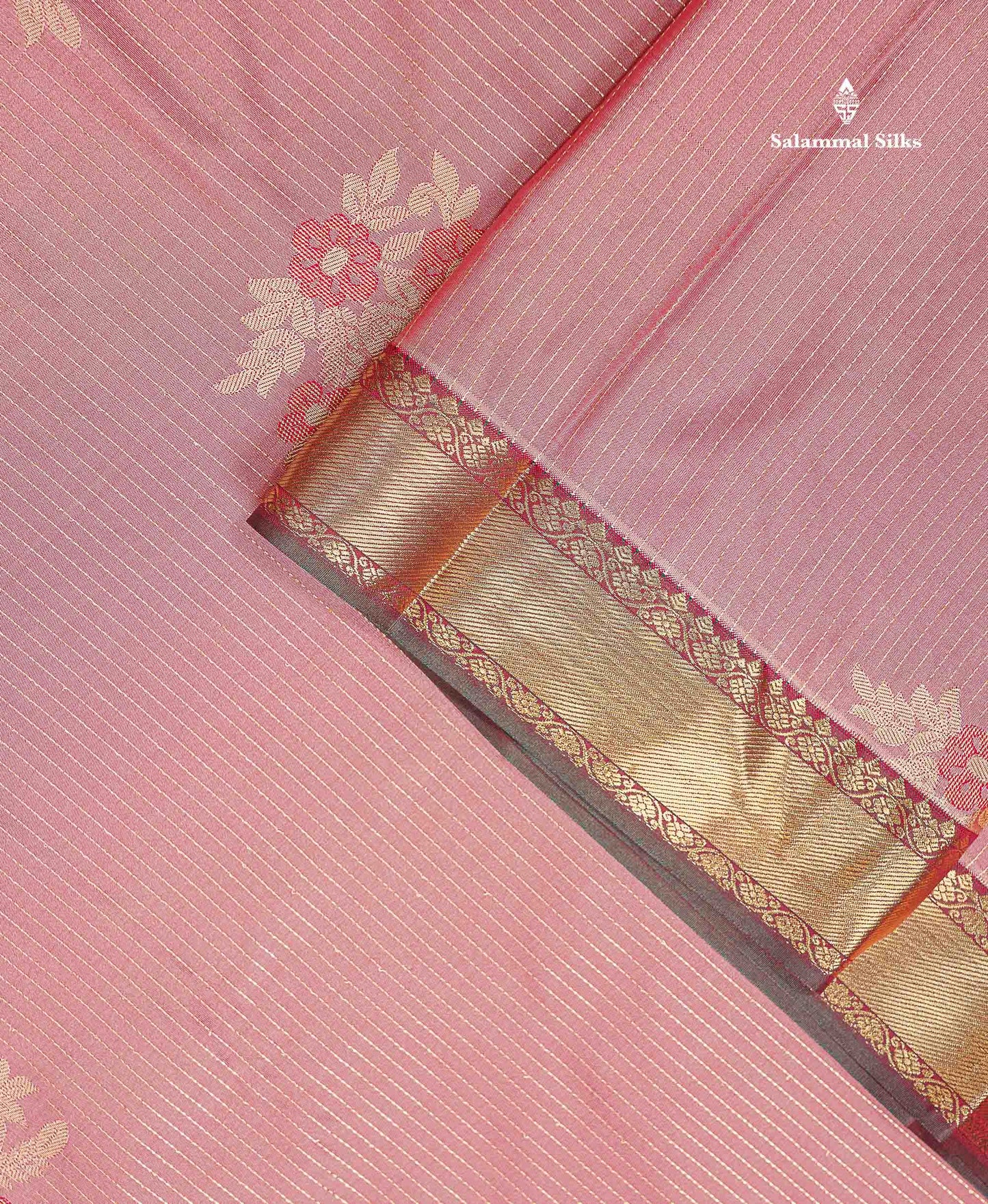 Beautiful Dark Peach Zari Line With Butta Semi Silk Saree With Contrast Dual Tone Maroon Traditional Evening Morning Gap Border