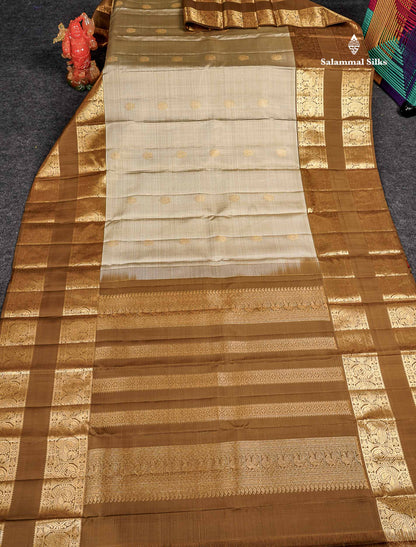 Pure Kanjivaram Silk Saree - Light Grey Colour Body Vaira Oosi Lines With Butta & Contrast Brown Long Gap Border