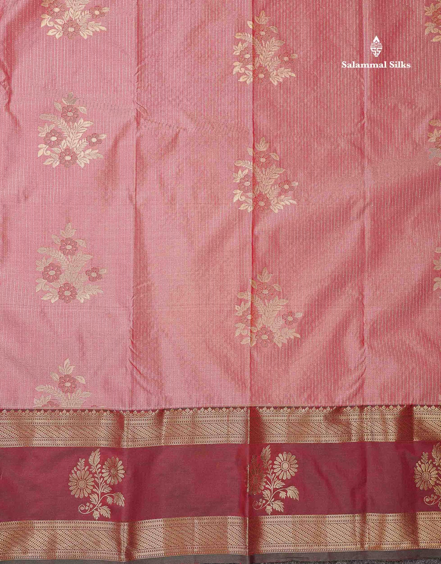 Beautiful Dark Peach Zari Line With Butta Semi Silk Saree With Contrast Dual Tone Maroon Traditional Evening Morning Gap Border