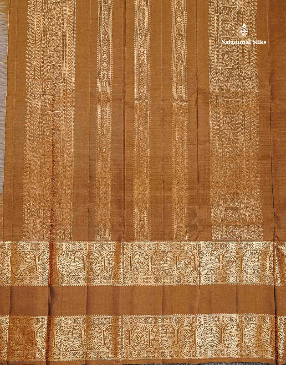 Pure Kanjivaram Silk Saree - Light Grey Colour Body Vaira Oosi Lines With Butta & Contrast Brown Long Gap Border