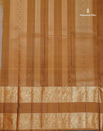 Pure Kanjivaram Silk Saree - Light Grey Colour Body Vaira Oosi Lines With Butta & Contrast Brown Long Gap Border