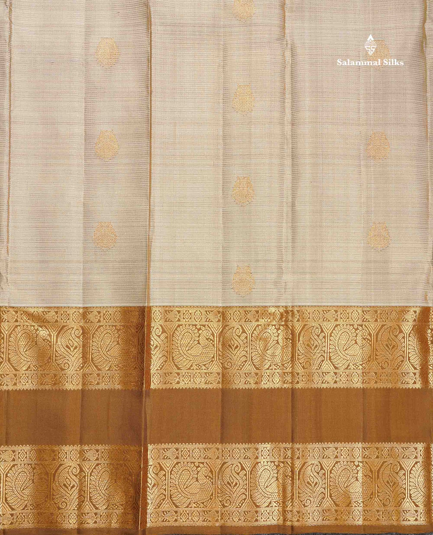 Pure Kanjivaram Silk Saree - Light Grey Colour Body Vaira Oosi Lines With Butta & Contrast Brown Long Gap Border