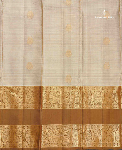 Pure Kanjivaram Silk Saree - Light Grey Colour Body Vaira Oosi Lines With Butta & Contrast Brown Long Gap Border