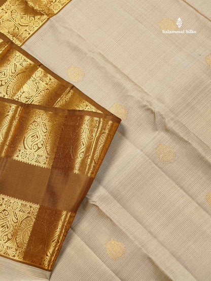 Pure Kanjivaram Silk Saree - Light Grey Colour Body Vaira Oosi Lines With Butta & Contrast Brown Long Gap Border
