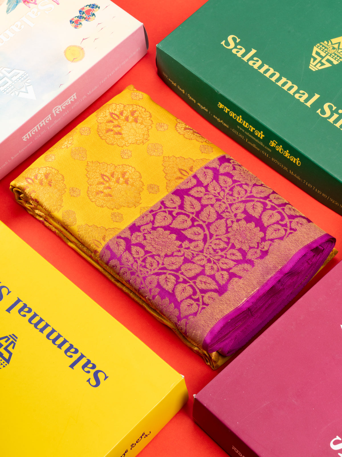 Mustard Yellow Bridal Pure Kanjivaram Silk Saree With Magenta Border