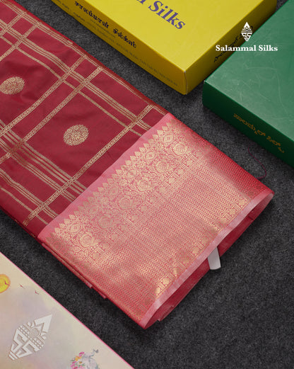 Beautiful Maroon Checks With Butta Cotton Mix Saree With Contrast Dark Peach Traditional Evening Morning Border