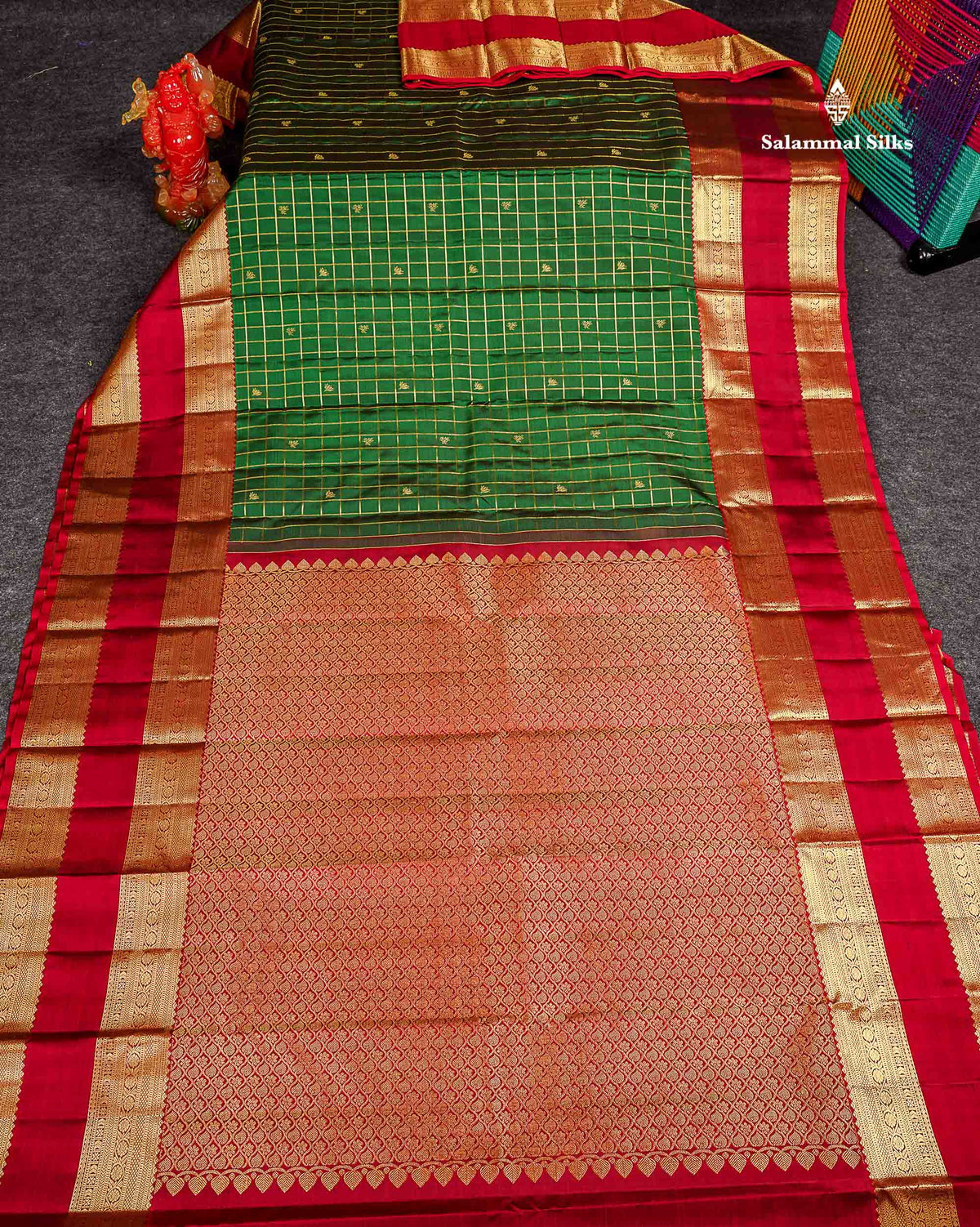 Pure Kanjivaram Silk Saree - Bottle Green Colour Body Checks With Butta & Contrast Maroon Gap Long Border