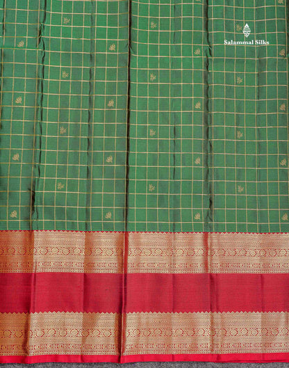 Pure Kanjivaram Silk Saree - Bottle Green Colour Body Checks With Butta & Contrast Maroon Gap Long Border