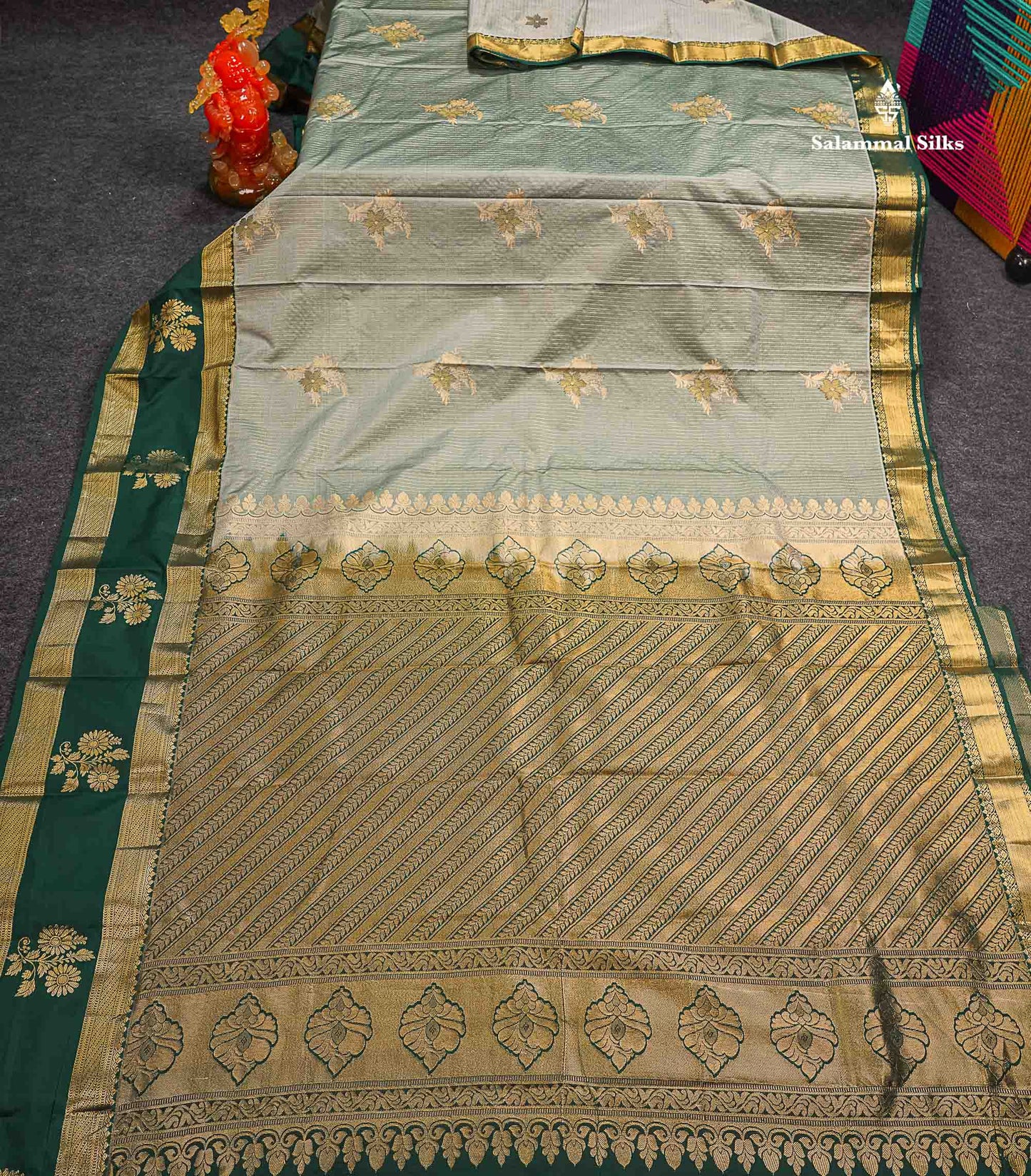 Beautiful Elaichi Green Zari Line With Butta Semi Silk Saree With Contrast Bottle Green Traditional Evening Morning Gap Border