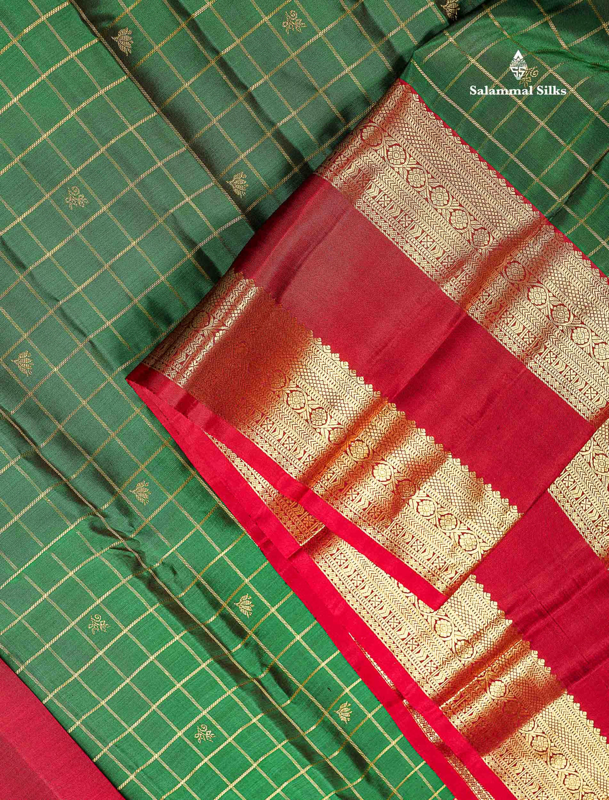 Pure Kanjivaram Silk Saree - Bottle Green Colour Body Checks With Butta & Contrast Maroon Gap Long Border