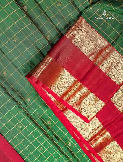 Pure Kanjivaram Silk Saree - Bottle Green Colour Body Checks With Butta & Contrast Maroon Gap Long Border