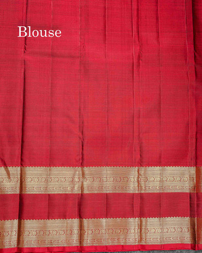 Pure Kanjivaram Silk Saree - Bottle Green Colour Body Checks With Butta & Contrast Maroon Gap Long Border