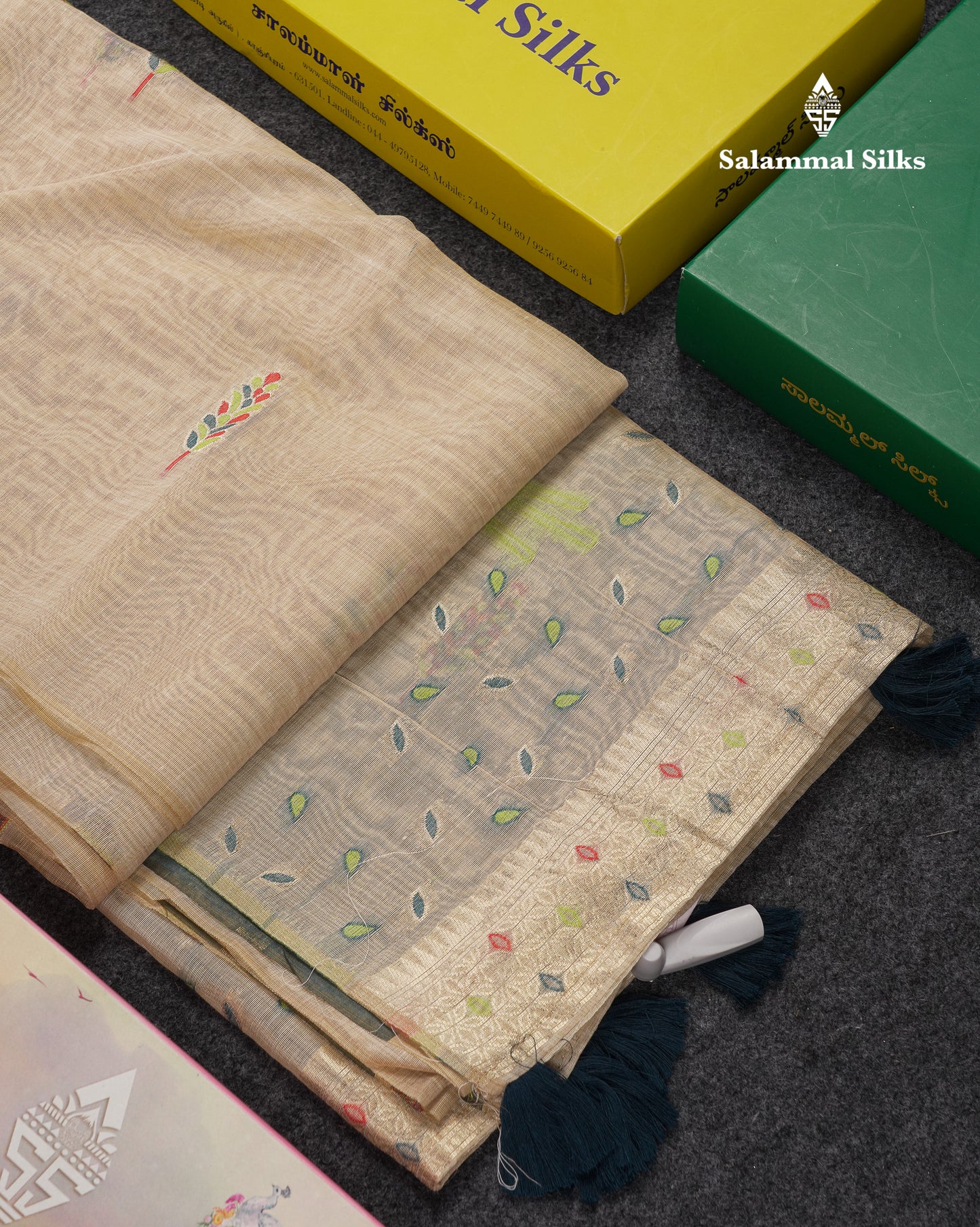 Beautiful Cream Sandal Thread Work Butta Muga Cotton Saree With Contrast Peacock Blue Blouse