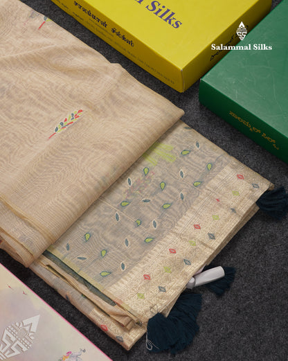 Beautiful Cream Sandal Thread Work Butta Muga Cotton Saree With Contrast Peacock Blue Blouse