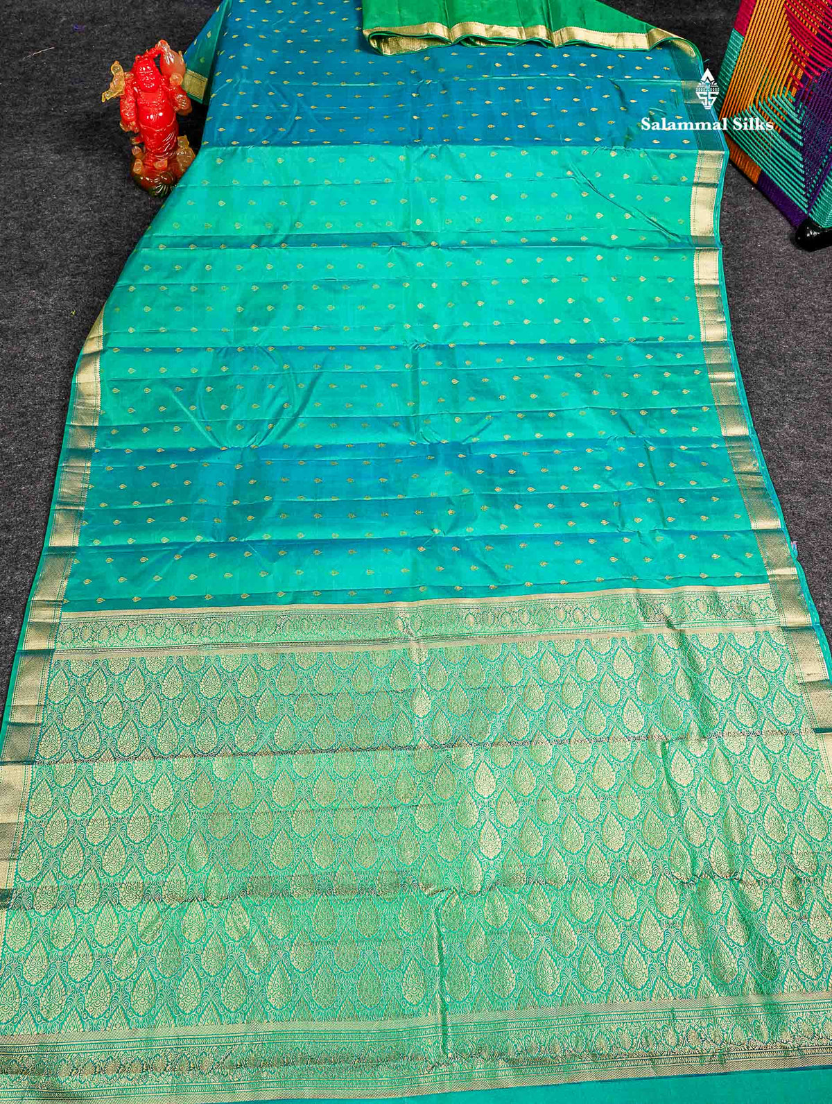 Pure Kanjivaram Silk Saree - Sapphire Green Colour Body Zari Buttas With Small Border