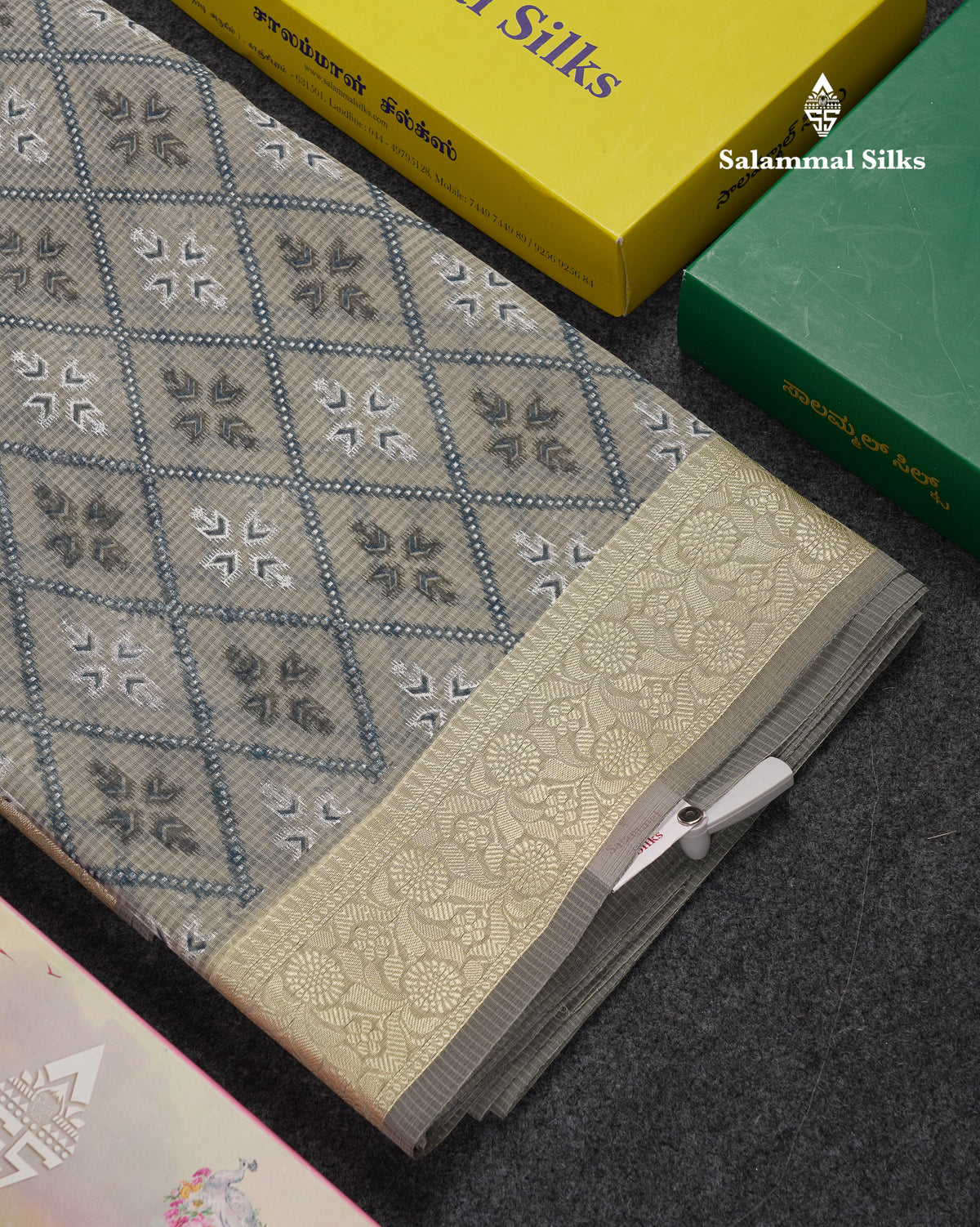 Beautiful Grey White Kota Cotton Fancy Saree With Contrast Cream Sandal Thread Work Border