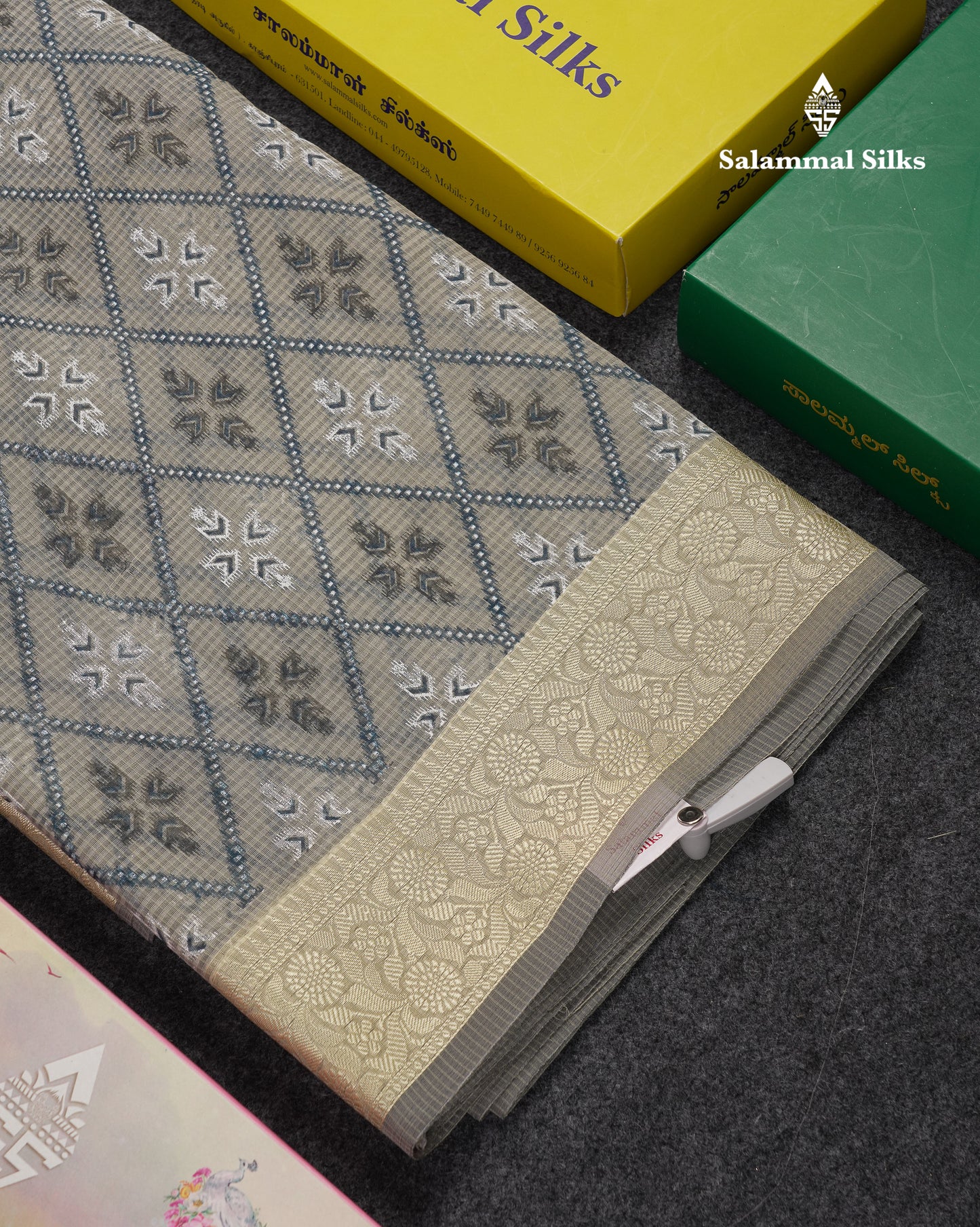 Beautiful Grey White Kota Cotton Fancy Saree With Contrast Cream Sandal Thread Work Border