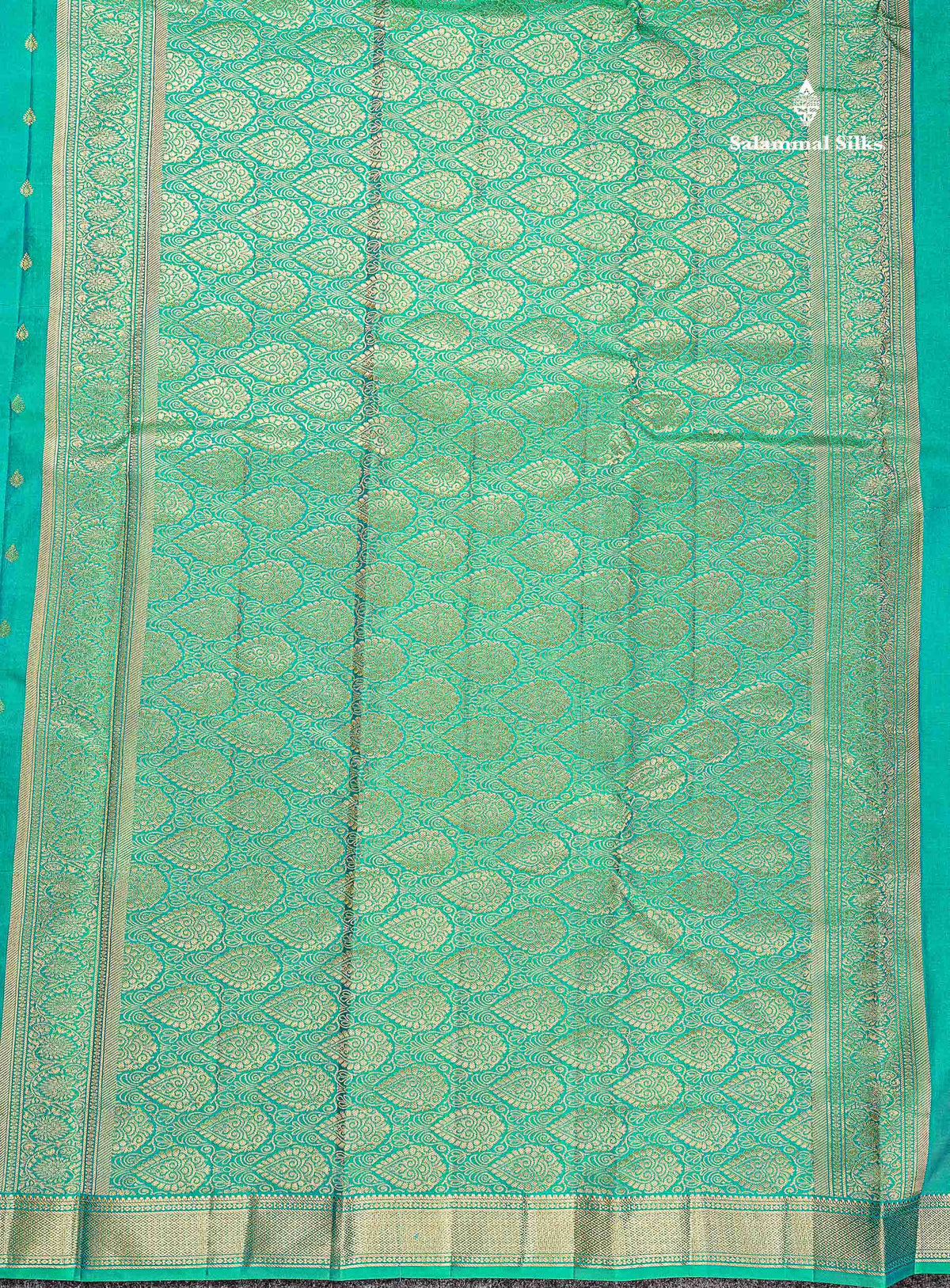 Pure Kanjivaram Silk Saree - Sapphire Green Colour Body Zari Buttas With Small Border