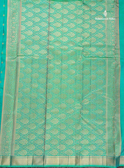 Pure Kanjivaram Silk Saree - Sapphire Green Colour Body Zari Buttas With Small Border