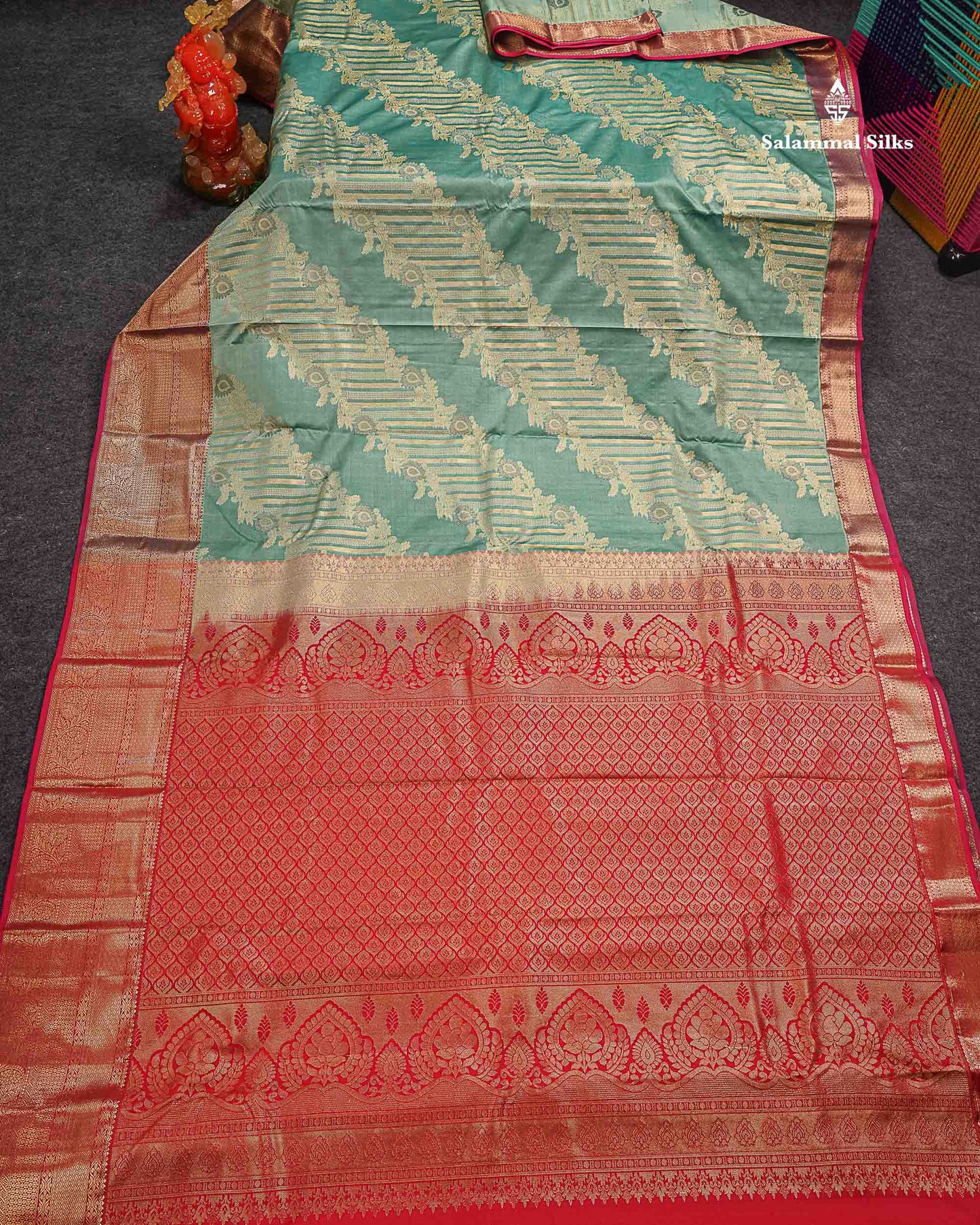 Beautiful Dual Tone Peacock Blue Semi Silk Saree With Contrast Red Traditional Evening Morning Border