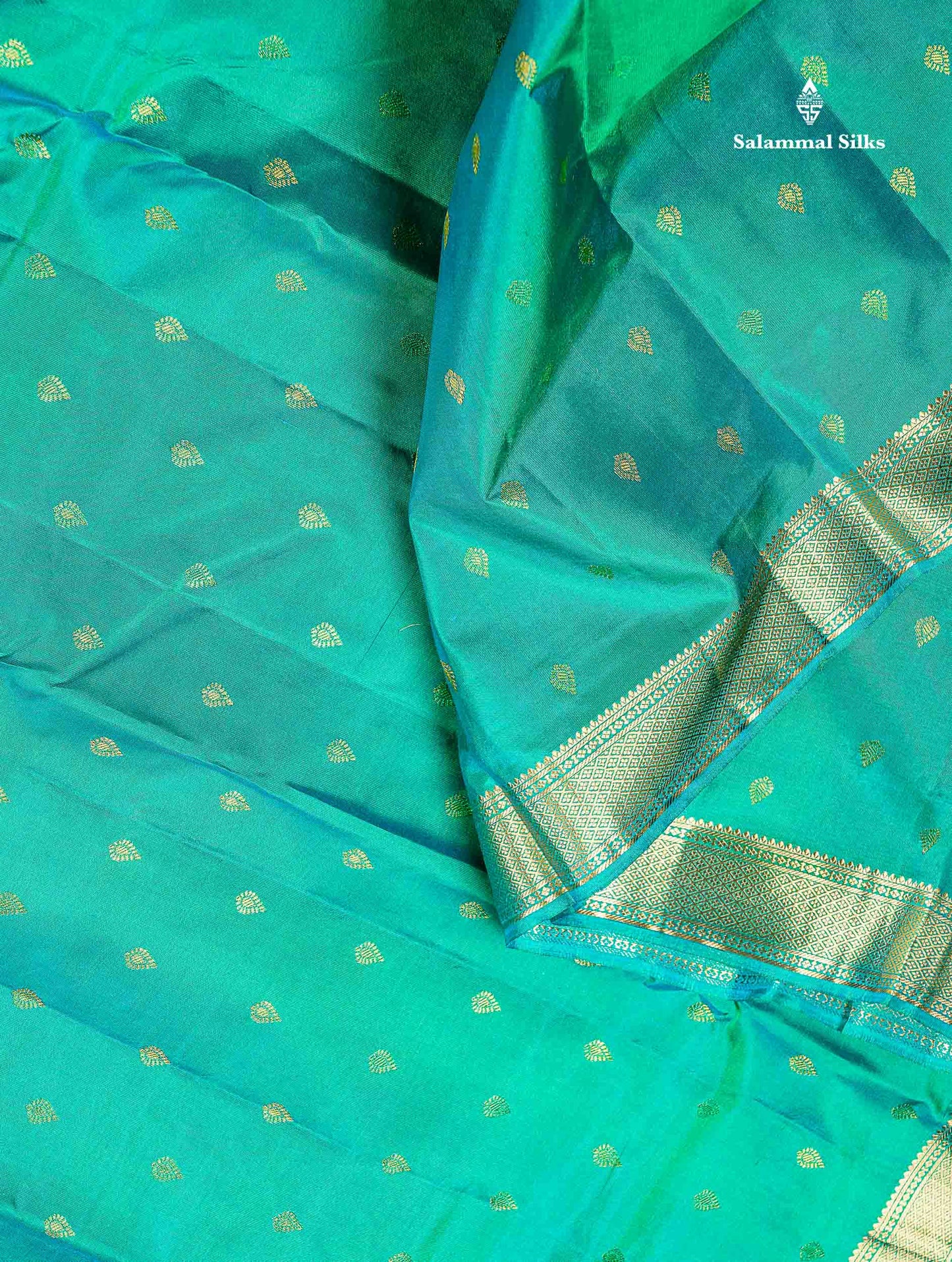 Pure Kanjivaram Silk Saree - Sapphire Green Colour Body Zari Buttas With Small Border