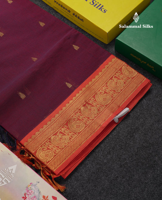 Beautiful Dual Tone Magenta Pure Cotton Saree With Contrast Orange Traditional Border