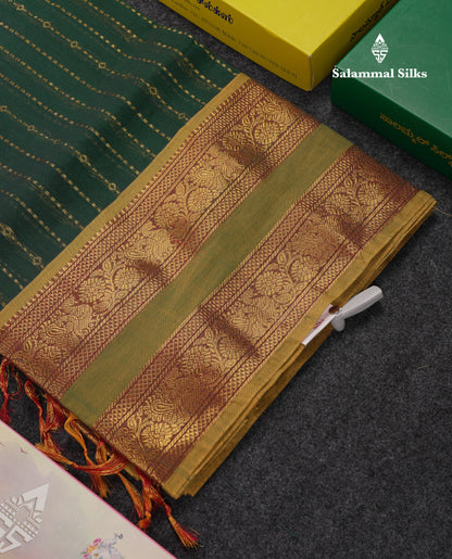 Beautiful Dark Brown Pure Cotton Saree With Contrast Olive Mustard Yellow Traditional Gap Border