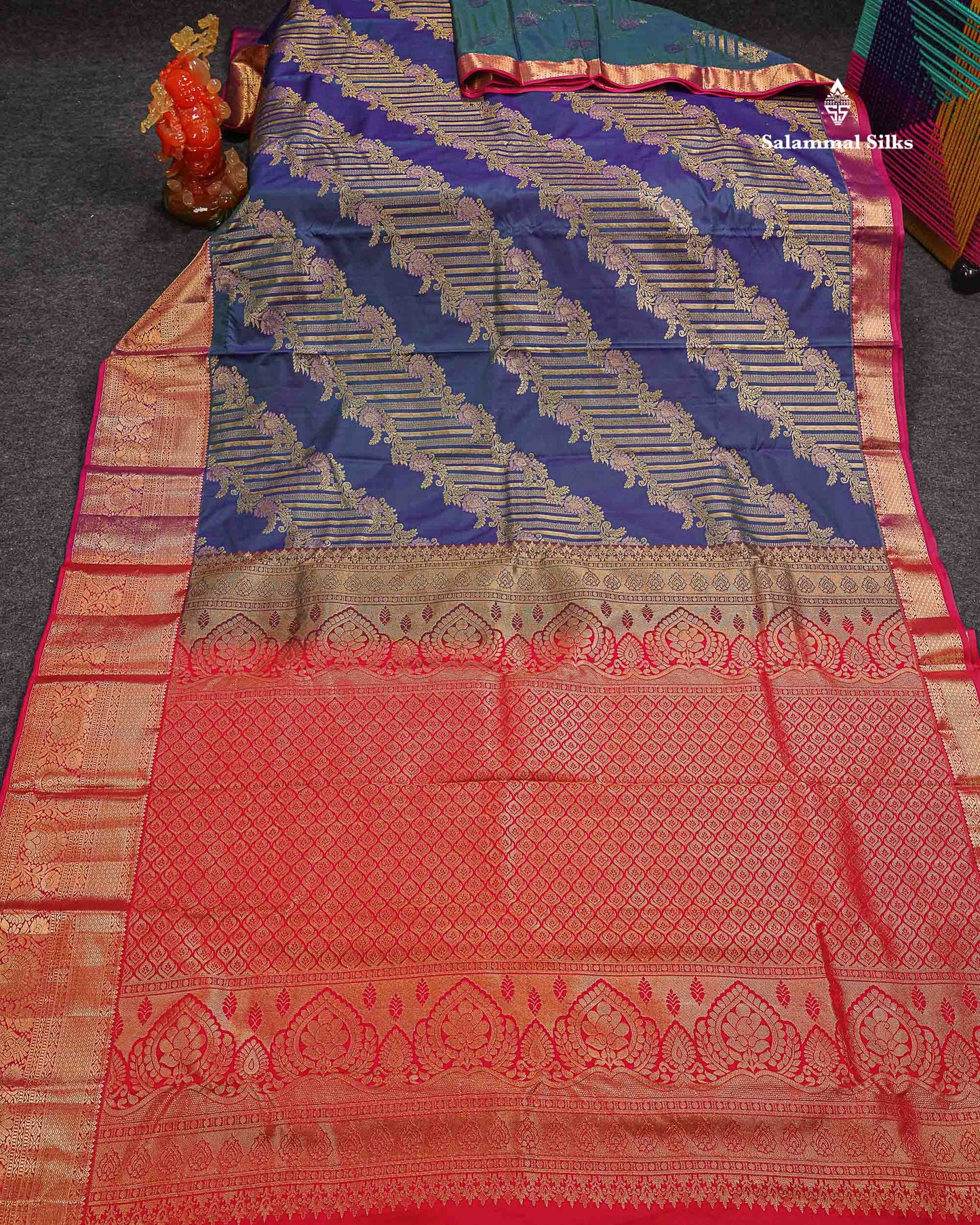 Beautiful Dual Tone Peacock Blue Semi Silk Saree With Contrast Red Traditional Evening Morning Border