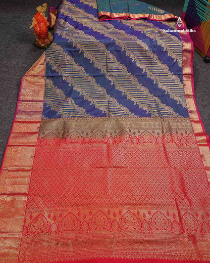 Beautiful Dual Tone Peacock Blue Semi Silk Saree With Contrast Red Traditional Evening Morning Border