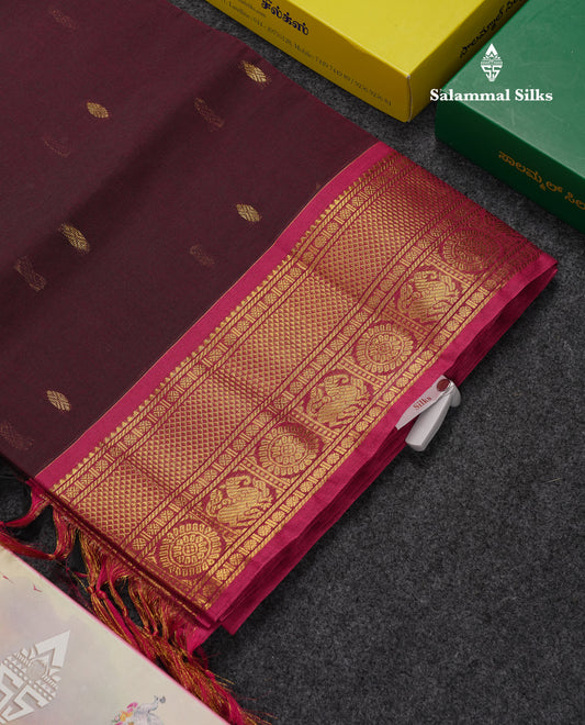 Beautiful Dark Brown Pure Cotton Saree With Contrast Magenta Traditional Border