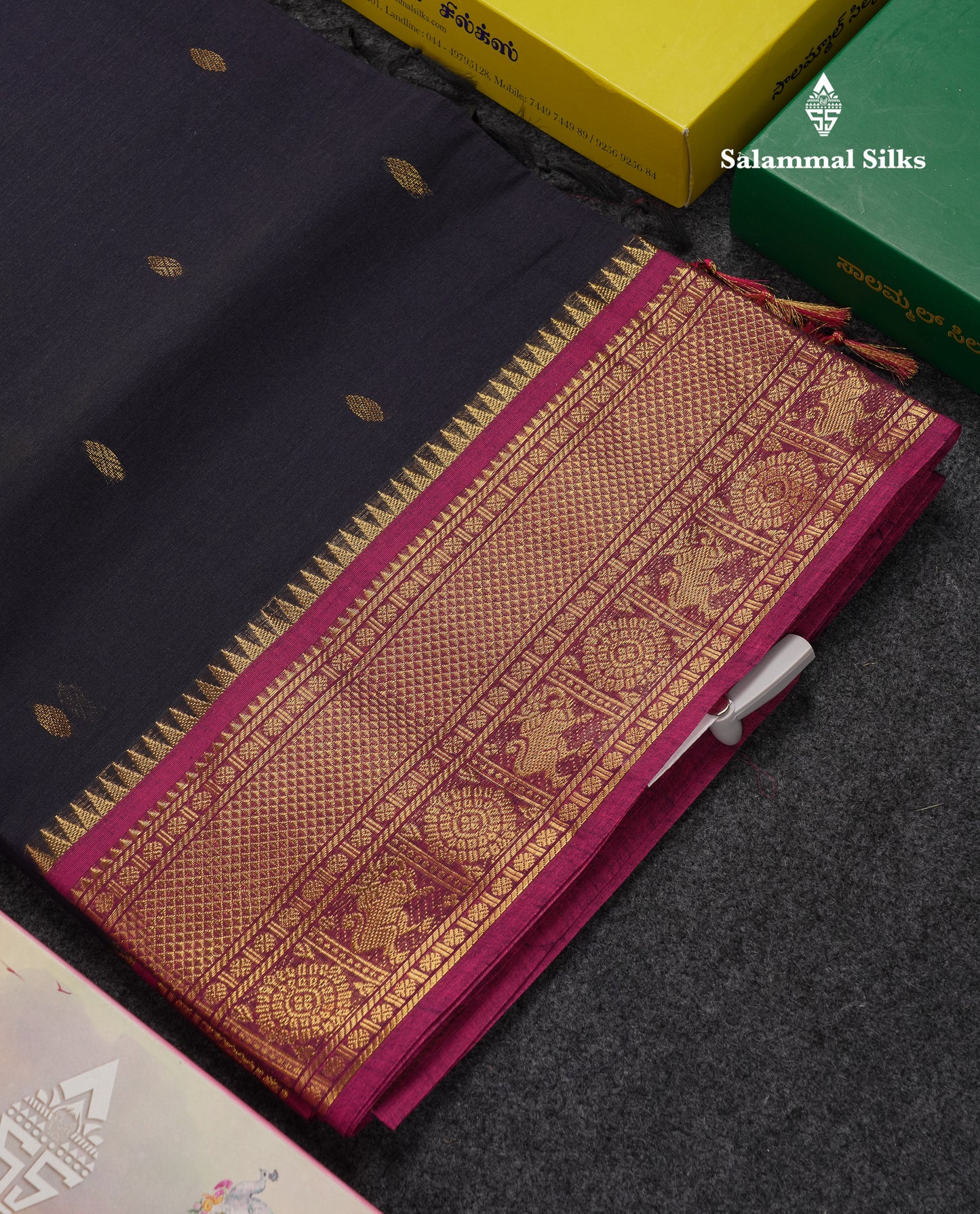 Beautiful Dark Brown Pure Cotton Saree With Contrast Magenta Traditional Border