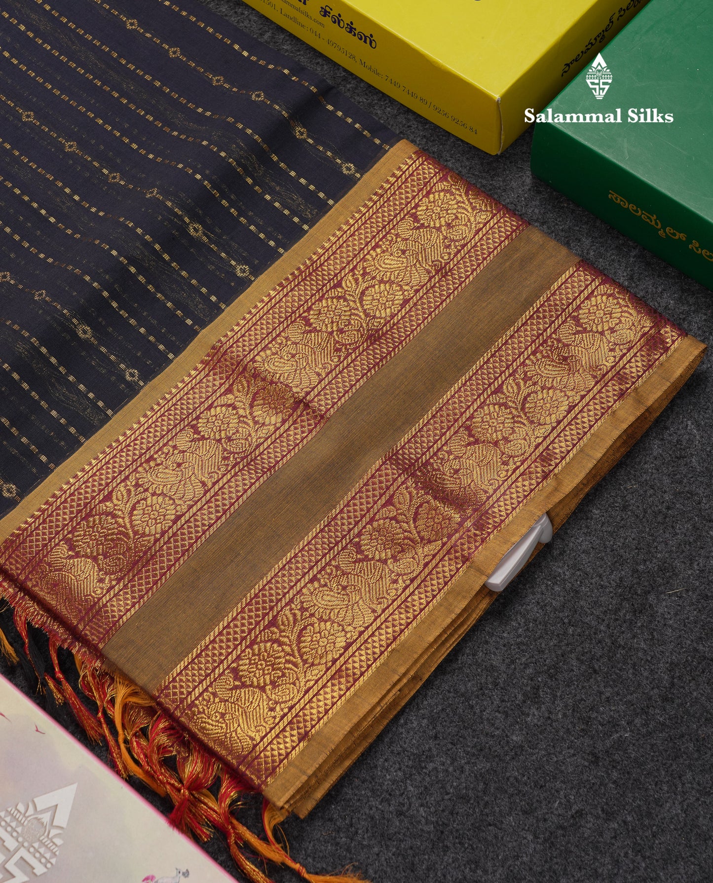 Beautiful Dark Brown Pure Cotton Saree With Contrast Olive Mustard Yellow Traditional Gap Border