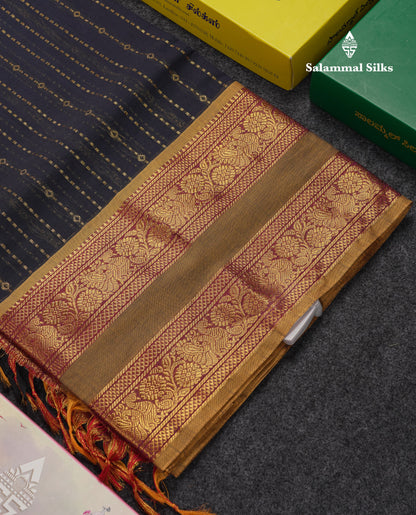 Beautiful Dark Brown Pure Cotton Saree With Contrast Olive Mustard Yellow Traditional Gap Border