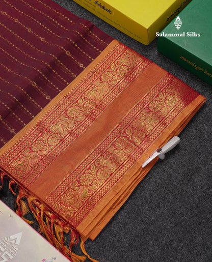Beautiful Dark Brown Pure Cotton Saree With Contrast Olive Mustard Yellow Traditional Gap Border