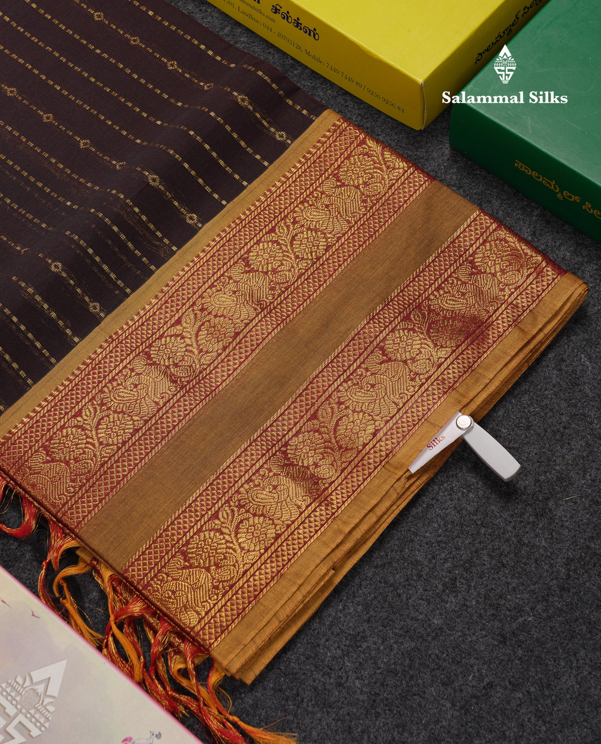 Beautiful Dark Brown Pure Cotton Saree With Contrast Olive Mustard Yellow Traditional Gap Border