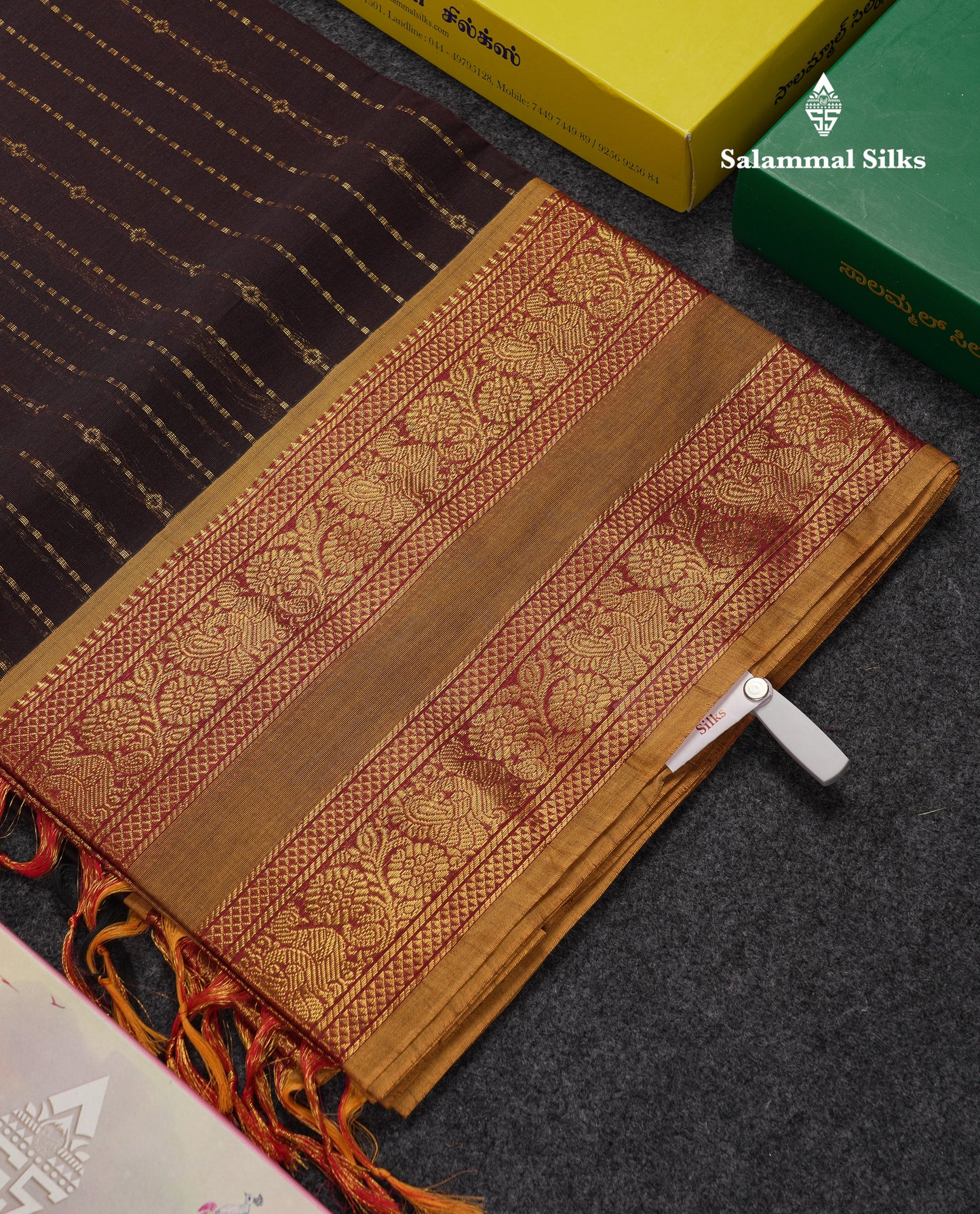 Beautiful Dark Brown Pure Cotton Saree With Contrast Olive Mustard Yellow Traditional Gap Border