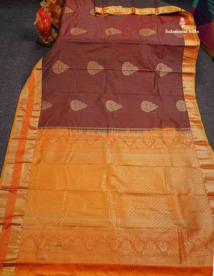 Beautiful Dual Tone Blueish Grey Zari Line With Butta Semi Silk Saree With Contrast Manthulir Green Traditional Evening Morning Gap Border