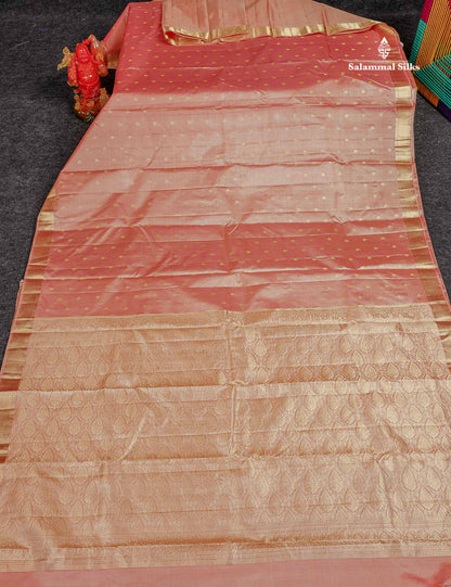 Pure Kanjivaram Silk Saree - Peach Pink Colour Body Zari Buttas With Small Border 