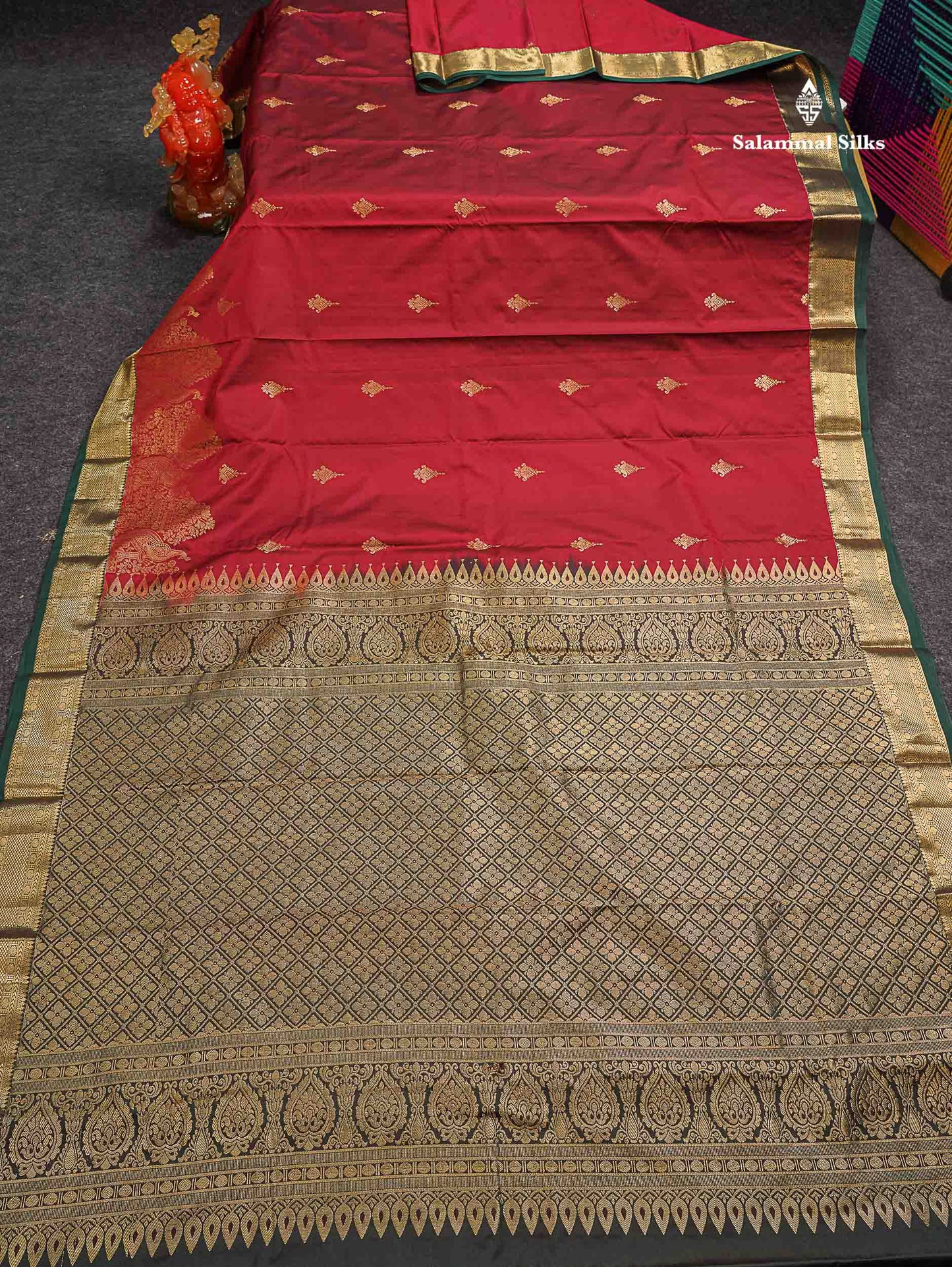 Beautiful Maroon Zari Butta Semi Silk Saree With Contrast Bottle Green Small Traditional & Fancy Border