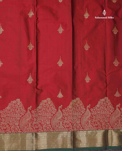 Beautiful Maroon Zari Butta Semi Silk Saree With Contrast Bottle Green Small Traditional & Fancy Border