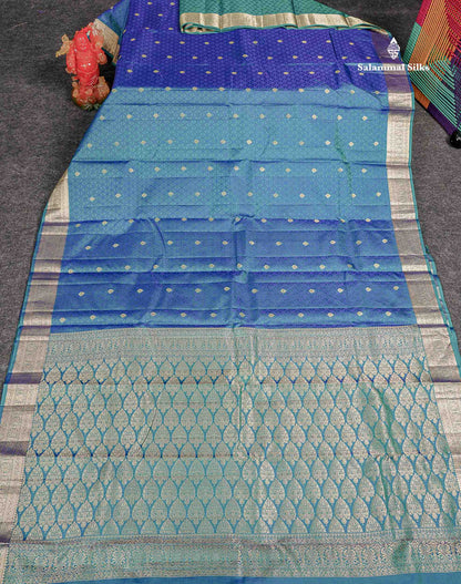Pure Kanjivaram Silk Saree - Peacock Blue Colour Body Zari Buttas With Medium Border 
