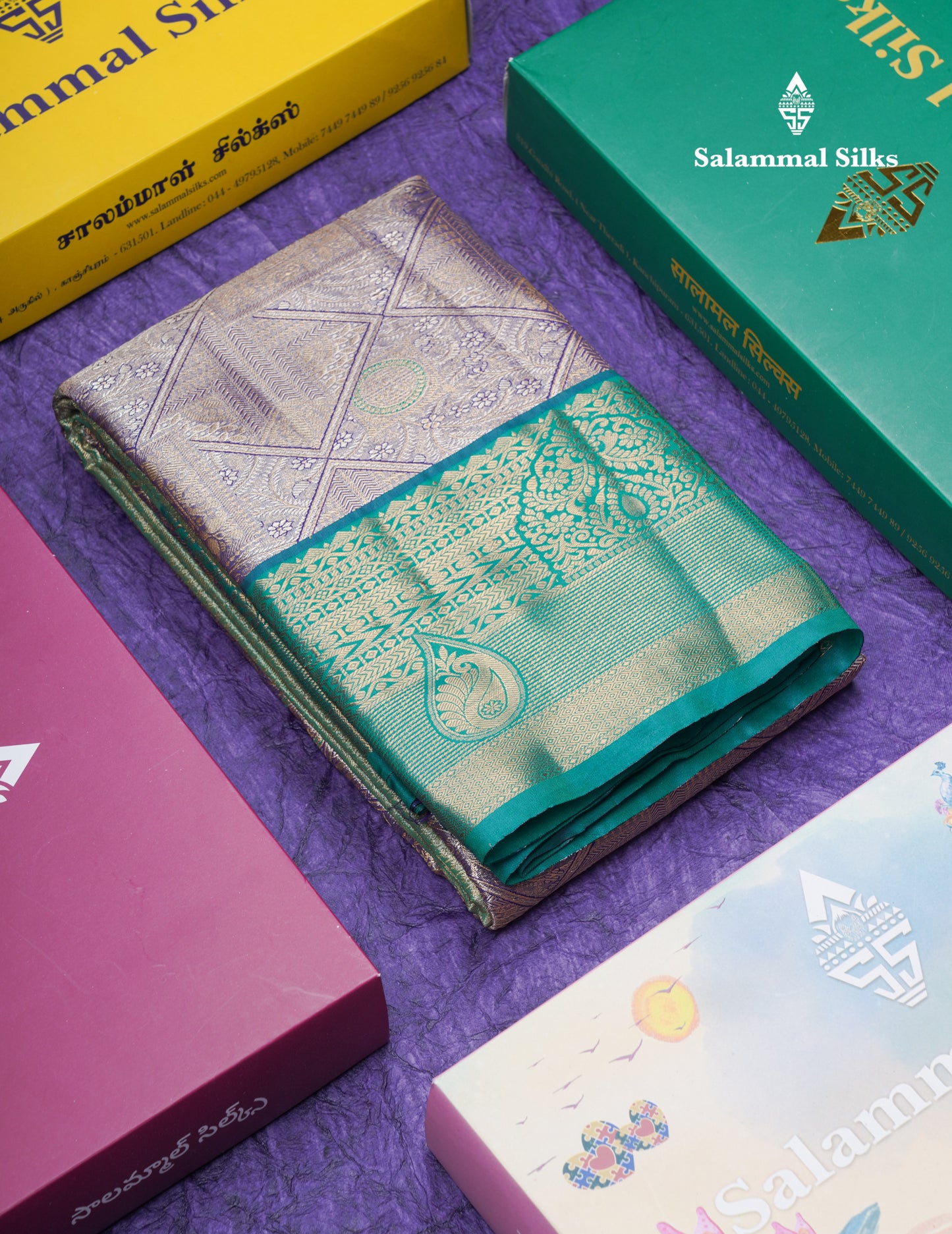 Dark Peach Geometric Pattern Tissue Bridal Semi Silk Saree With Contrast Peacock Green Traditional Border